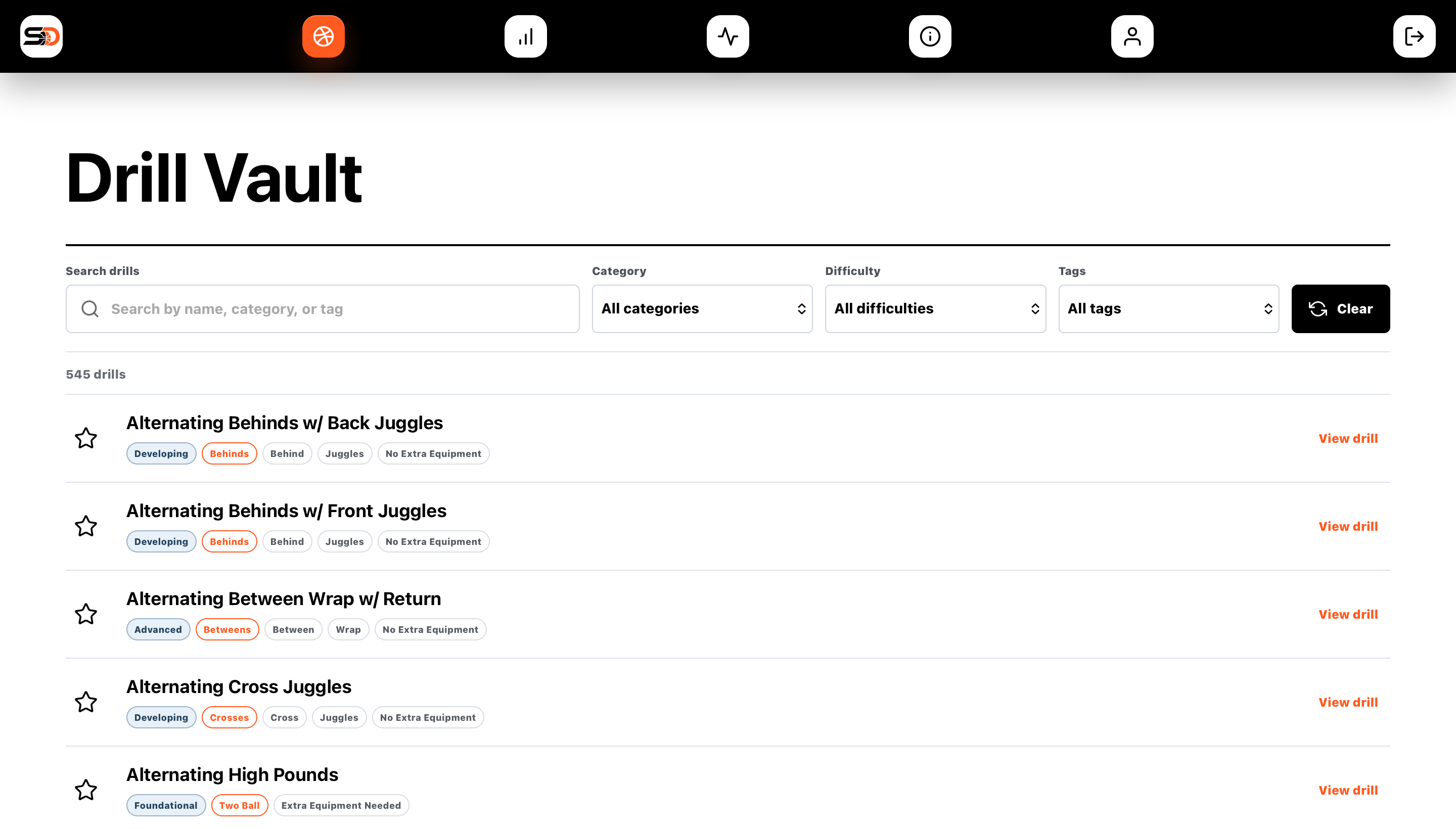 Drill Vault search, filters, and drill summaries in one desktop screen