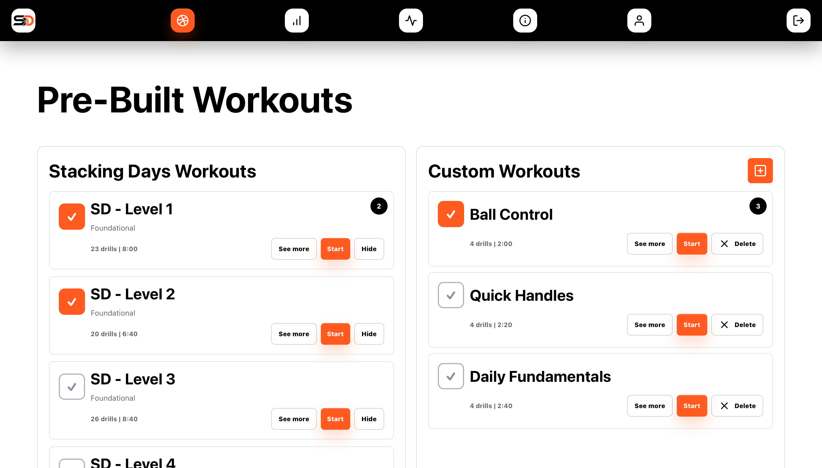 Pre-Built Workouts with training levels, durations, and saved custom workouts in one desktop screen
