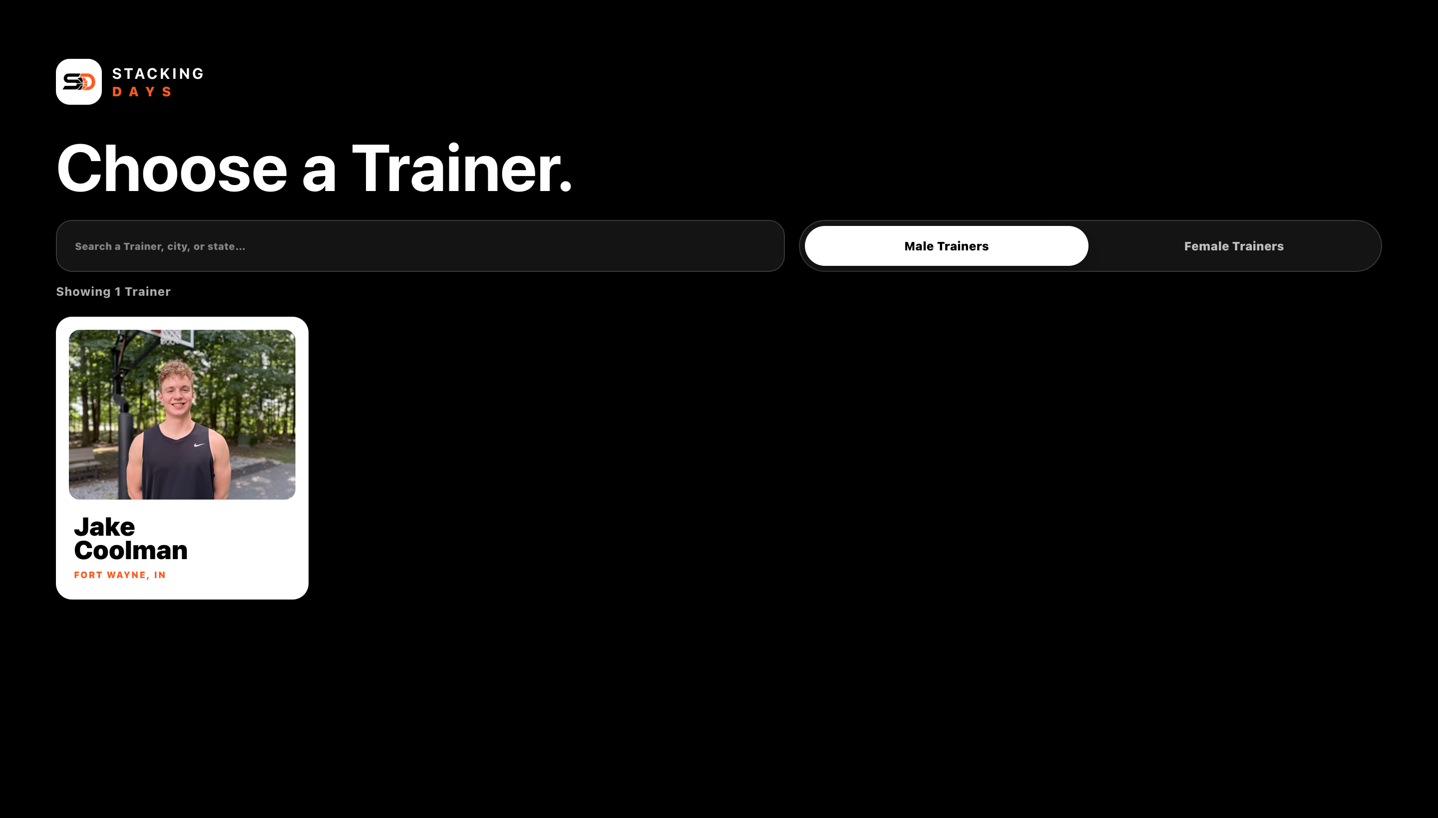 Trainer selection with search, filters, and Trainer profile cards in one desktop screen