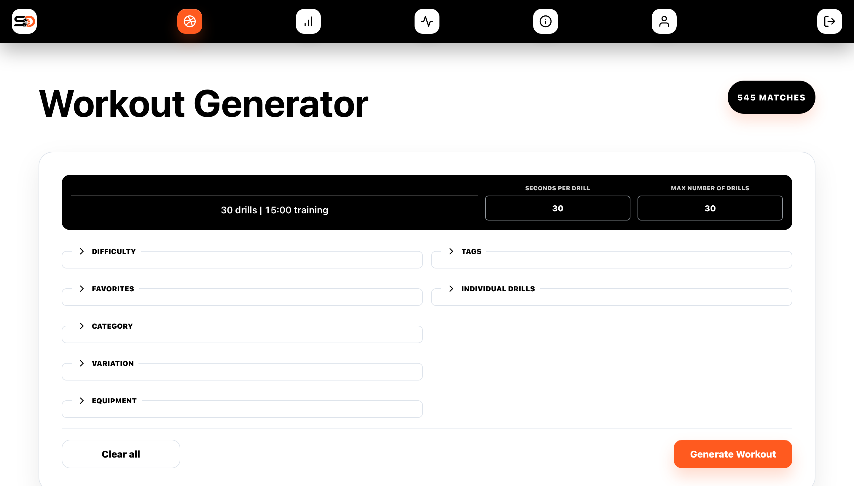 Workout Generator with drill duration, criteria, and Generate Workout controls in one desktop screen