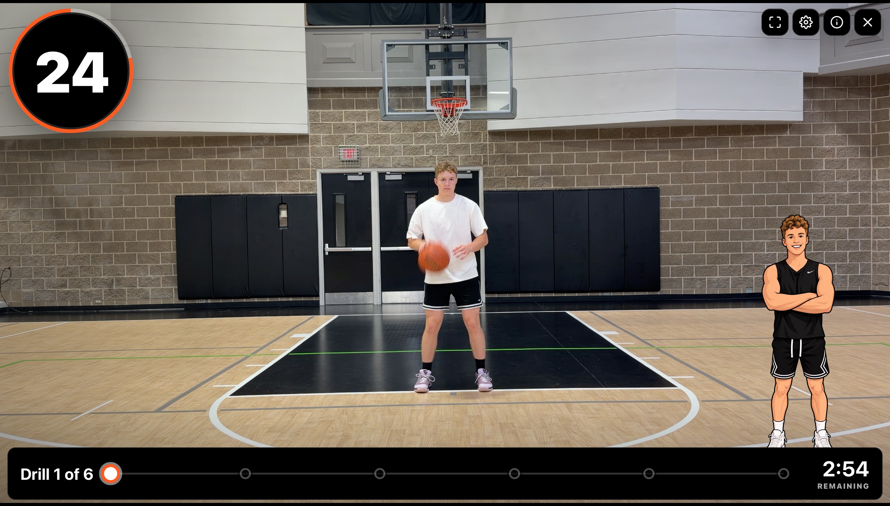 Workout demonstration with drill information, timer, playback controls, and workout progress in one desktop screen